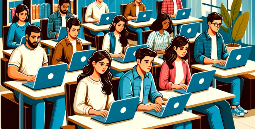 DALL·E 2024-05-29 13.11.38 - A vector graphic image of Indian students studying Salesforce fundamentals course online. The scene includes a group of students sitting in a modern r