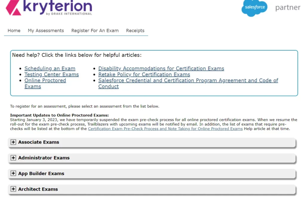 Registration page of Webassessor Salesforce Exam