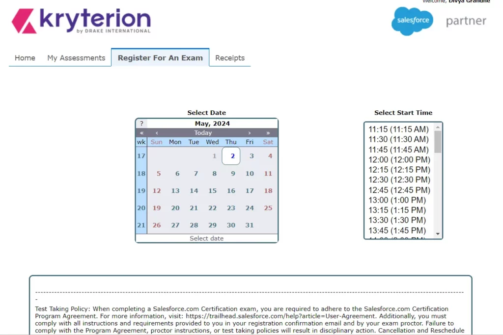 Scedule exam in Salesforce Webassessor