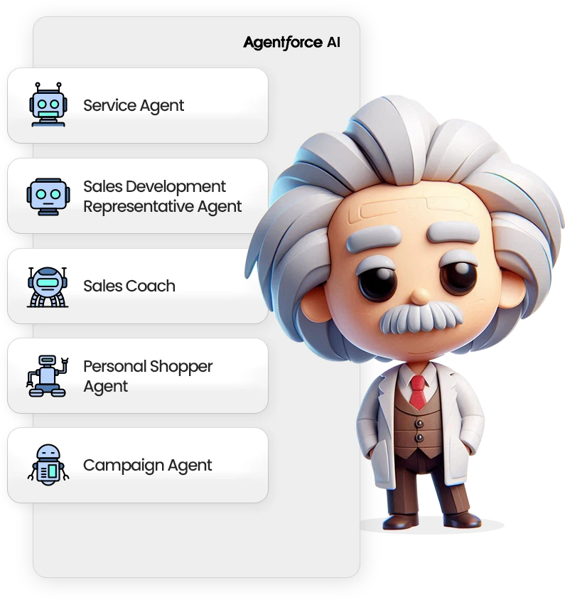 Pre-Built Agentforce Agents like Service Agent, SDR Agent, Sales Coach, Personal Shopper, and Campaign Agent