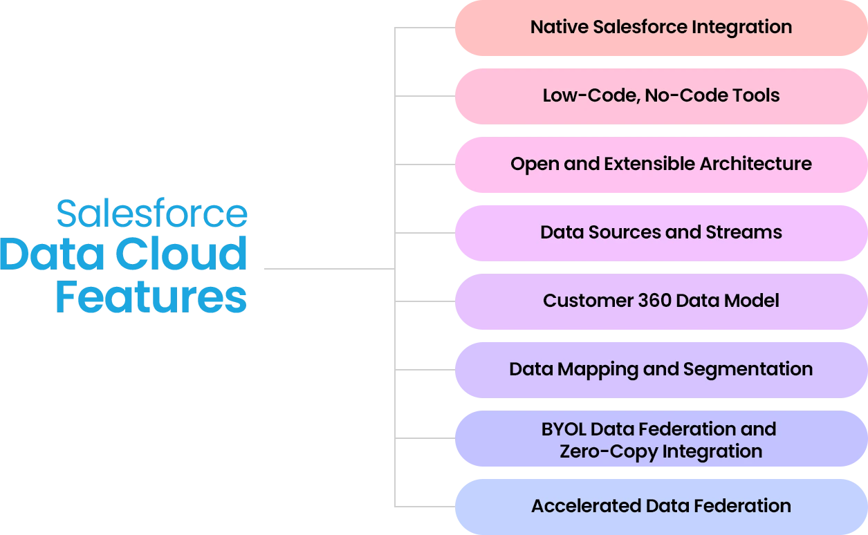 Salesforce Data Cloud features, including low-code tools, and customer data management capabilities.