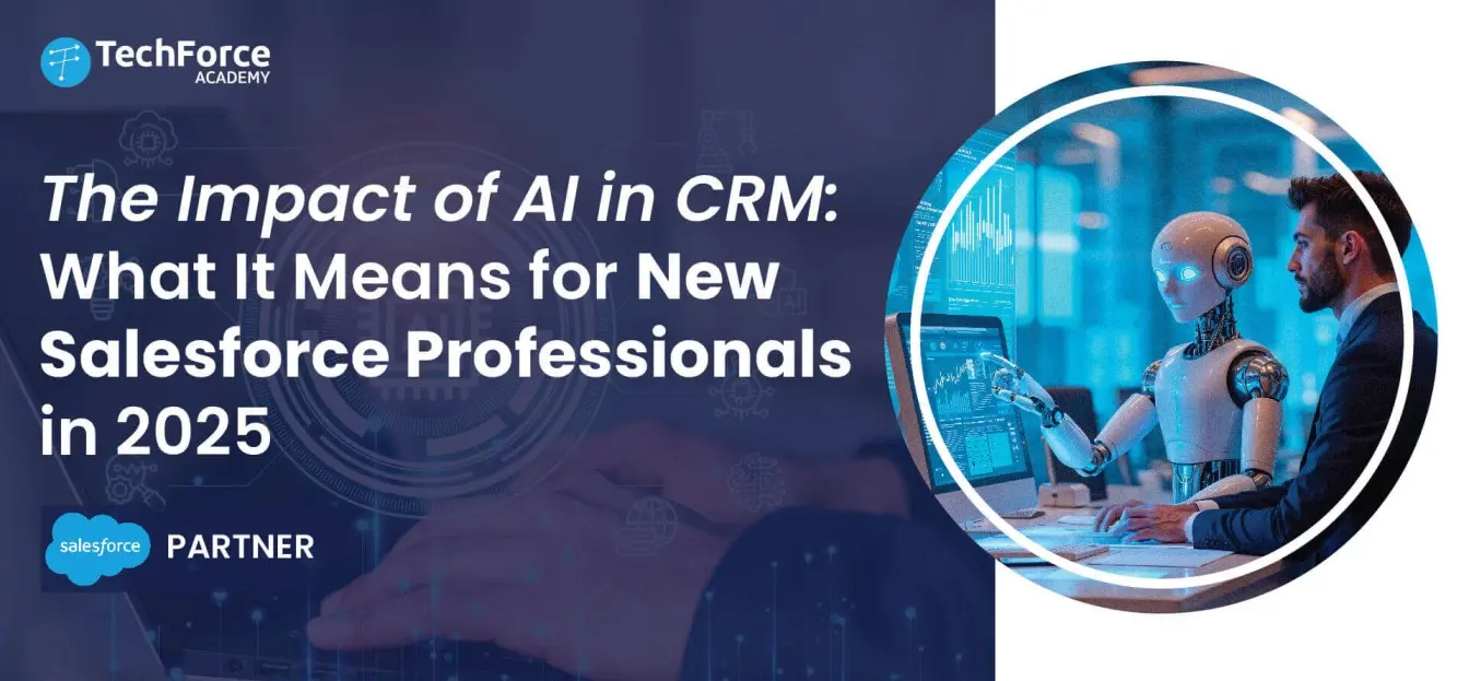 A guide on 'The Impact of AI in CRM: What It Means for New Salesforce Professionals in 2025'. TechForce Academy logo visible.