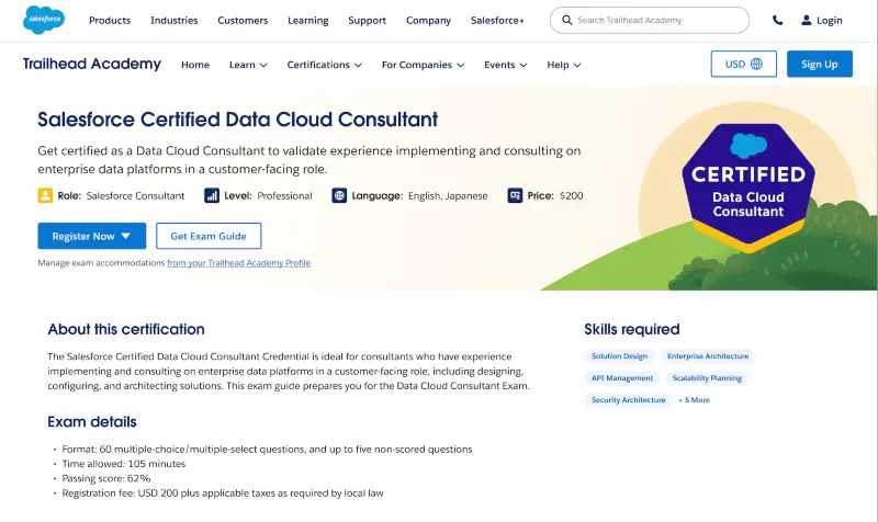 Salesforce Certified Data Cloud Consultant certification details on a webpage.