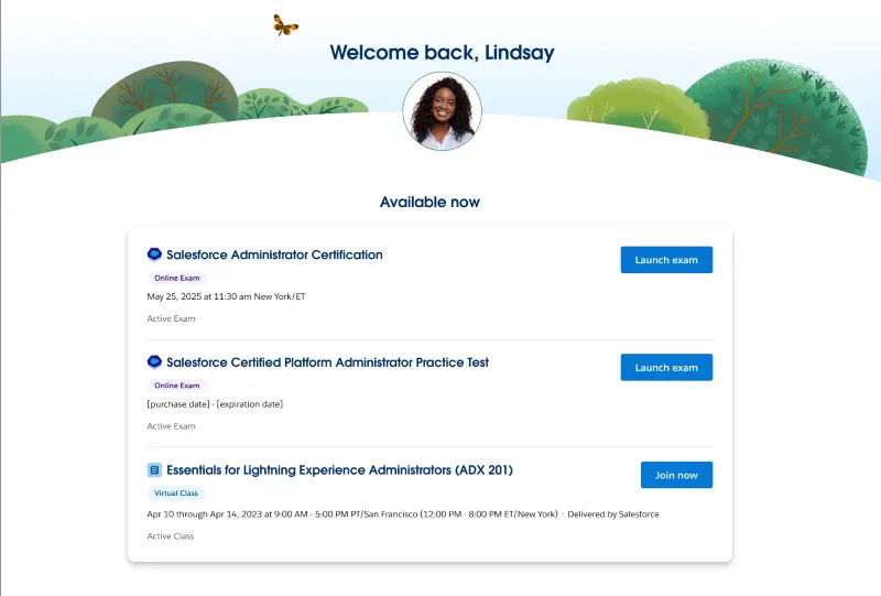 Salesforce training dashboard with a welcome message to user and available certification exams and courses.