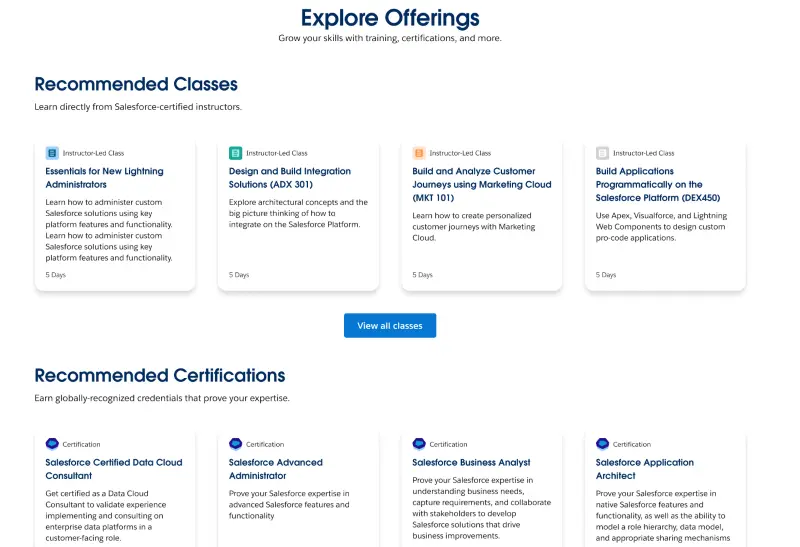 Salesforce training offerings, including classes and certifications.