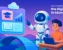 Salesforce AI bridging the digital divide in education. Cartoon robot teaches a child using a laptop, with educational icons.