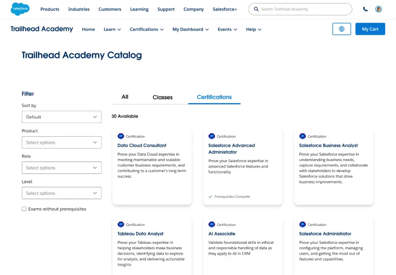 Trailhead Academy Catalog page displaying available Salesforce certifications.