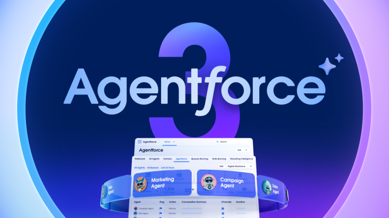 Agentforce 3 logo with a Salesforce Agentforce dashboard displaying "Marketing Agent" and "Campaign Agent" cards, against a blue and purple gradient background.