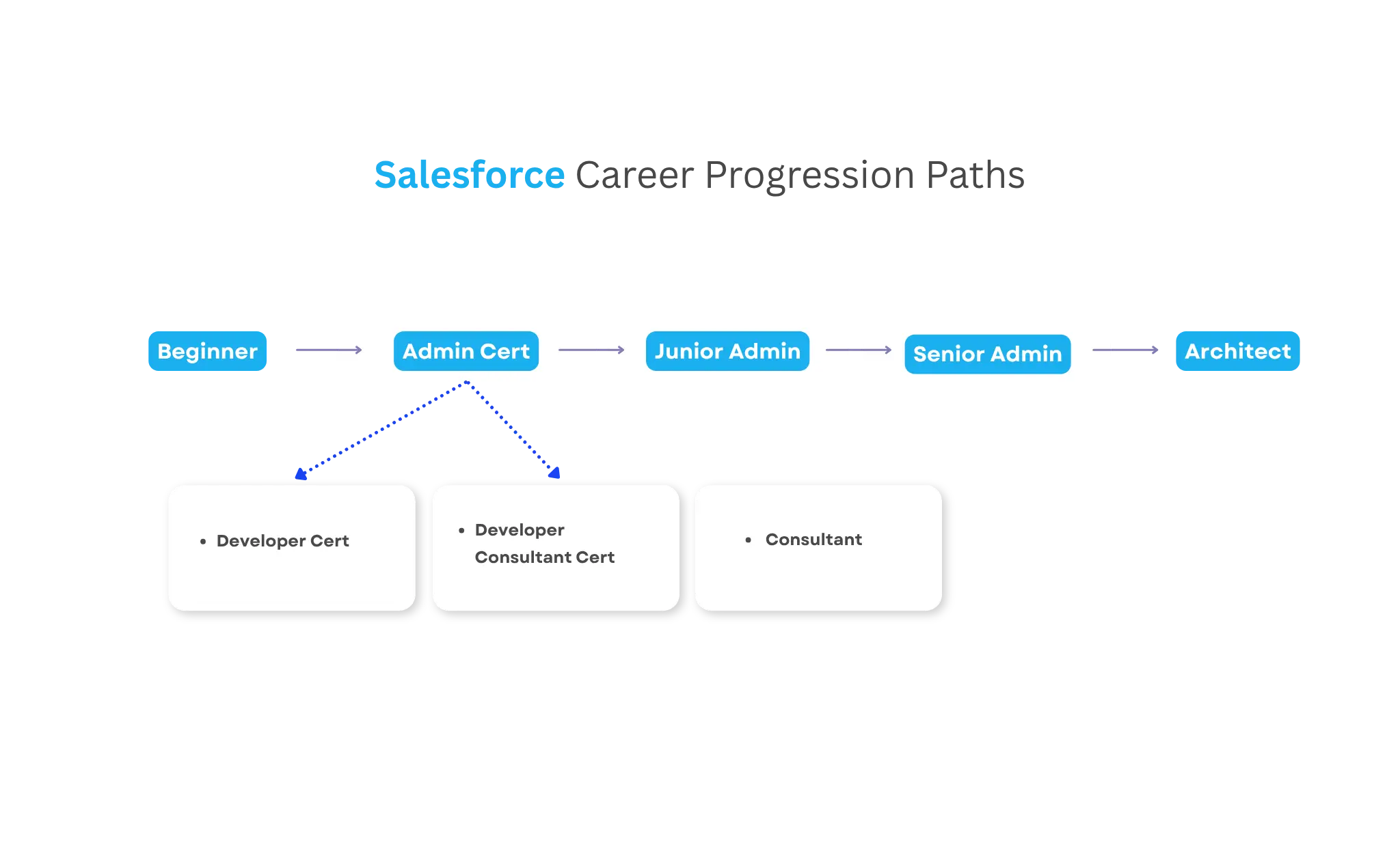Salesforce Career Progression Paths: Beginner to Architect, including Admin, Junior Admin, Senior Admin, Developer, Consultant certifications.