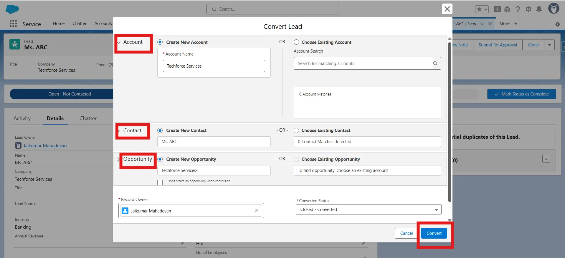 Screenshot of lead detail page