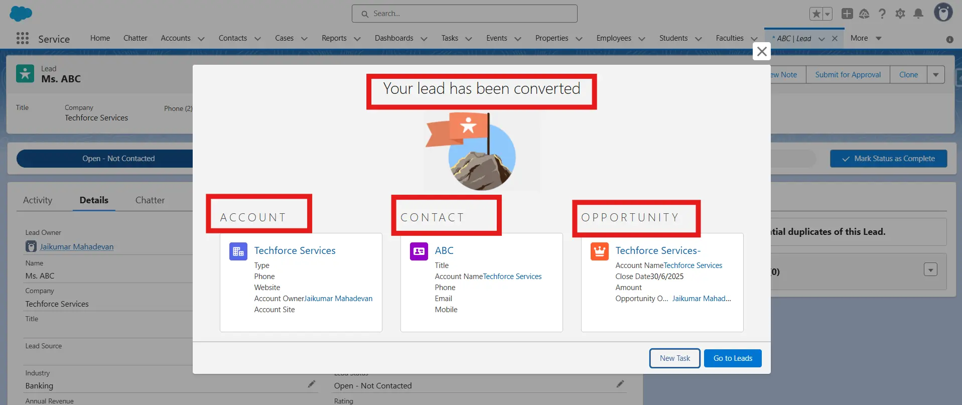 Screenshot of converted lead