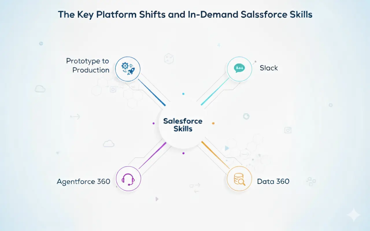 Key Platform Shifts and In-Demand Salesforce Skills: Agentforce, Data 360, Slack, and Production.